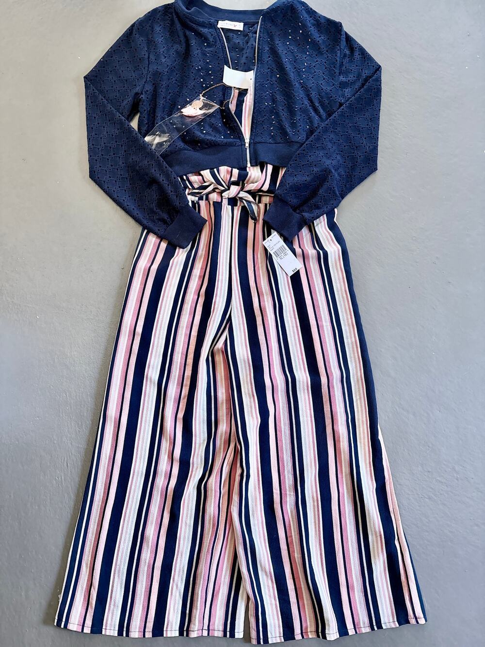 Knit Works Girls Jumpsuit Cardigan Necklace 3 Piece Set XL 16